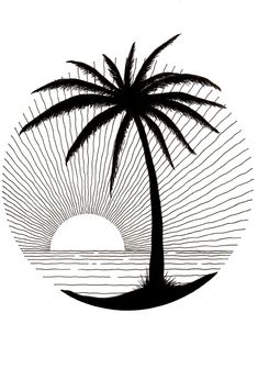 a black and white drawing of a palm tree with the sun setting in the background