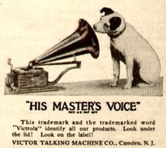 an old advertisement for a dog with a megaphone in it's mouth and the caption reads, his master's voice