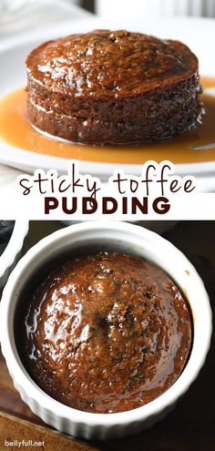 sticky toffe pudding in a white bowl with caramel syrup on top and the bottom