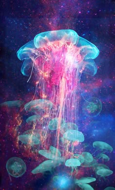 an image of jellyfishs floating in the water with colorful lights and stars around them