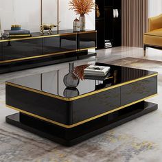 a black and gold coffee table in a living room