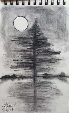 a pencil drawing of a tree with the moon in the background