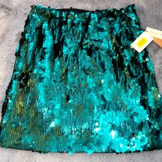 Gorgeous Skirt! Great For A Holiday Party Blue Fitted Mini Skirt For Party Season, Fitted Blue Mini Skirt For Party Season, Blue Mini Skirt For Party Season, Casual Sequined Skirt For Spring, Blue Sequined Mini Skirt For Spring, Green Sequined Skirt For Summer, Green Sequin Skirt For Summer, Green Skirt For Night Out During Party Season, Blue Sequined Skirt For Spring