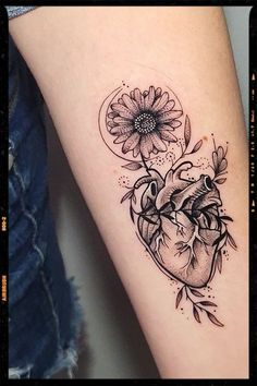 Heart & Flower Tattoo Idea Floral Heart Tattoo Design, Floral Heart Tattoo, Real Heart Tattoos, Heart And Soul Tattoo, Human Heart Tattoo, Heart Flower Tattoo, Heart Tattoo Design, Anatomy Tattoo, Gothic Tattoos