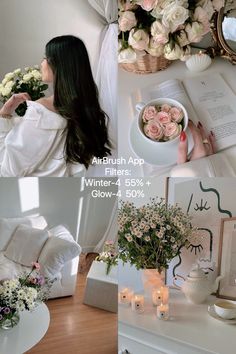 a woman sitting at a table with flowers and candles in front of her, reading a book