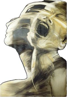 an abstract drawing of a woman's head with her mouth open