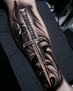 Swords Tattoos, Excalibur Tattoo, Mens Thigh Tattoos, Armour Tattoo, Shield Tattoo, Gladiator Tattoo, Viking Tattoo Sleeve, Half Sleeve Tattoos Forearm, Knight Tattoo