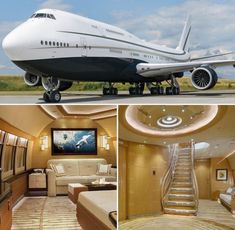 the inside and outside of an airplane with stairs