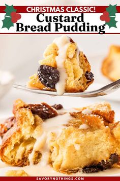 christmas classic custard bread pudding on a fork