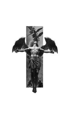 a black and white photo of a cross with an angel on it's back