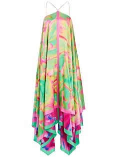 green pink multicolour monogram pattern silk asymmetric design flowing silhouette sleeveless long length open back Long Dress Green, Sangria Dress, Tropical Fashion, Monogram Pattern, City Dress, Silk Maxi Dress, Satin Maxi Dress, Asymmetrical Design, Tropical Paradise