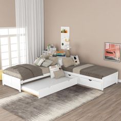 a bed room with two beds sitting next to each other on top of a hard wood floor