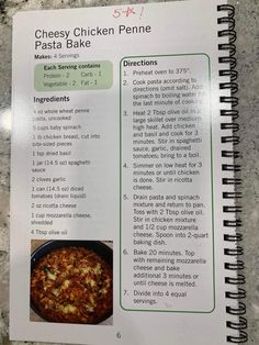 a recipe book with instructions on how to make cheesy chicken penne pasta bake