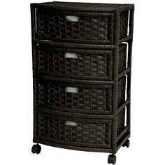 three wicker drawers on casteors with wheels for storage and organization, dark brown