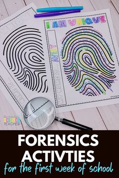 two coloring pages and a magnifying glass with the words, forensic activities for the first week of school