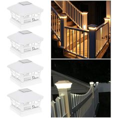 three white lights on the side of a house next to steps and railings at night