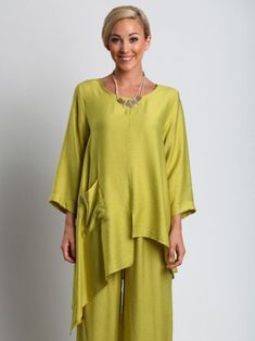 Dakota tunic in Palm by Chalet Satin Tunics For Women, Summer Pants With Pockets And Asymmetrical Hem, Elegant Asymmetrical Bottoms With Pockets, Tunics For Women Classy, Elegant Tunic-style Kaftan, Oversized Lagenlook Tunic For Daywear, Oversized Lagenlook Tunic With Asymmetrical Hem, Fitted Long Sleeve Lagenlook Tunic, Lagenlook Clothing