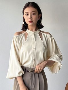 Beige Casual Collar Long Sleeve Polyester Plain Shirt,Top Embellished Non-Stretch  Women Clothing Lantern Sleeve Shirt, Plain Shirt, Plain Shirts, Tie Blouse, Lantern Sleeve, Lantern Sleeves, Shirt Top, Waist Belt, Waist Tie