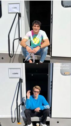 a man sitting on top of a white truck next to another man in blue shirt