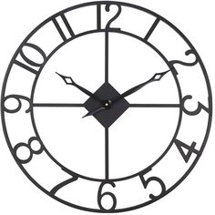 a black clock with numbers and arrows on it's face, showing the time in roman numerals