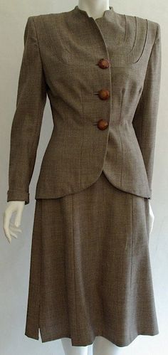 Brown Wool Suit, Janet Gaynor, Shawl Style, Fancy Buttons, Hollywood Movie, Blazer And Skirt, Kick Pleat, Black Thread