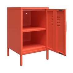 an orange cabinet with two shelves on one side and three doors on the other end