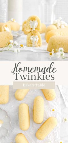 homemade twinkies with white flowers on top and text overlay that reads homemade twinkies baker's table