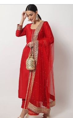 Red Kurti Outfit, Embellished Suit, Red Anarkali Suits, Suits For Women Indian, Red Kurti, Bridal Suits, Bridal Dupatta