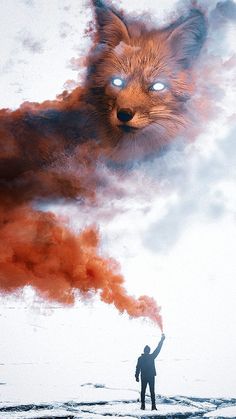 a man is standing in front of an image of a red fox with blue eyes