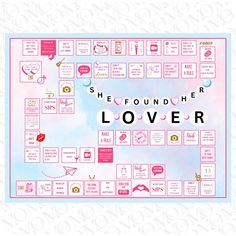 a scrabble board game with the words she found her lover on it in pink and blue