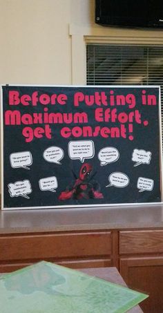 Deadpool consent RA bulletin board Consent Bulletin Board Ra, Resident Assistant Programs, Residence Life Bulletin Boards, Ra Door Tags, Dorm Themes, College Bulletin Boards, Bulletin Boards Theme, Work Bulletin Boards