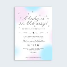 a baby is on the way card with pink and blue watercolors in it