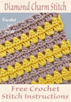 the crochet diamond charm stitch is shown in yellow and gray