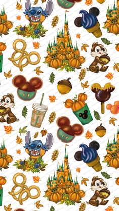 an image of mickey mouse and pumpkins on white paper with disney characters in the background