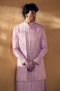 Onion pink overlap panel sherwani with embroidered geometric patterns. Comes with pant. - Aza Fashions Pink Bandhgala With Chikankari Embroidery For Eid, Fitted Pink Sherwani With Chikankari Embroidery, Designer Fitted Pink Kurta, Pink Fitted Sherwani With Chikankari Embroidery, Designer Pink Fitted Kurta, Pink Bandhgala With Intricate Embroidery And Traditional Drape, Pink Bandhgala With Intricate Embroidery For Reception, Pink Bandhgala With Intricate Embroidery, Designer Fitted Pink Sherwani