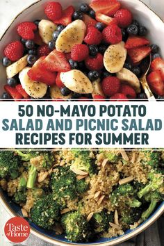 the cover of 50 no - mayo potato salad and picnic salad recipes for summer is shown