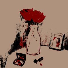 a red rose is in a vase on a table next to some makeup and lipstick