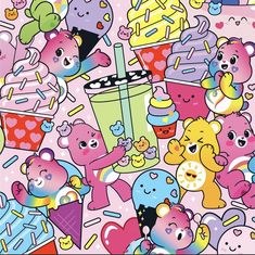 an image of many different colored bears and ice creams on a pink wallpaper