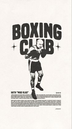 a black and white drawing of a man holding a boxing club sign with words above it