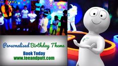 a cartoon character standing in front of a birthday cake