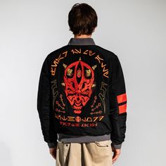 Full zip, long-sleeve bomber jacket Single stitch embroidered patch on the front chest Embroidered 'Fear Is My Ally' in Aurebesh on the back Embroidered 'Sith Lord Darth Maul' in Aurebesh on the back Snap closure pockets Ribbed collar, cuffs, and waist 100% Polyester Imported Officially licensed Star Wars Merchandise Mens Resort Wear, Star Wars Accessories, Varsity Cardigan, Marvel Hoodies, Flex Fit Hats, Star Wars Tees, Sith Lord, Star Wars Merchandise, Darth Maul