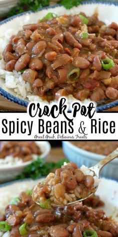 a spoon full of beans and rice with the words crock pot spicy beans and rice