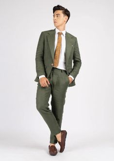 The Eldridge Juniper Green Linen Suit is crafted from pure linen fabric that exudes classic vibes with the forest green hue. Its sophisticated and refined craftsmanship will effortlessly elevate any occasion. For those seeking an effortless display of fine taste, this custom made suit is the perfect choice. Green Linen Suits With Notch Lapel, Green Suits With Welt Pockets For Semi-formal Occasions, Semi-formal Green Suits With Welt Pockets, Green Semi-formal Suits With Welt Pockets, Formal Green Linen Blazer, Green Linen Blazer For Formal Occasions, Green Linen Blazer For Tailoring, Luxury Green Suit For Workwear, Green Linen Business Blazer