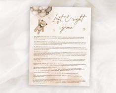 a card with a teddy bear and balloons on it that says let's night game