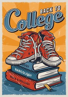 a pair of red sneakers sitting on top of books with the words back to college