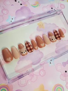 These cute brown teddy bear nails are super cute! You will feel as cute when you wear them! Display nails are in short round. Hi and Welcome everyone! I hope you enjoy taking a look at all our nail designs. I sell LUXURY press on nails that are reusable. We use Apres Gel X nail tips and Korean gel products. Just know you are getting high quality LUXURY press on nails that are custom made by me, Destiny. Each set comes with everything you need to prep as well. We always want to make sure you are Korean Bear Nails, Brown Bear Nails, Cute Bunny Nails, Bear Nails Designs, Cute Bear Nails, Coffee Nail Art, Teddy Nails, Care Bear Nails, Brown Nude Nails