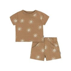 For sunny adventures, this matching t-shirt and shorts baby outfit is the perfect fit. It's crafted from 100% cotton, ensuring a soft and gentle feel against your child's delicate skin. The shorts feature a stretchy waistband for easy dressing, and the t-shirt has ribbing around the neckline, keeping your baby boy or toddler boy comfortable all day long. So, wherever the day leads, they'll be ready for some fun. And for easy cleaning, simply toss the set in the washing machine and dryer to keep it clean all season long. Our essentials have been independently certified with STANDARD 100 by OEKO-TEX so that you dont have to worry about harmful substances in your babys wardrobe. This pack includes one t-shirt and matching shorts. Size: 6-9 Months.  Color: Brown.  Gender: male.  Age Group: inf Cute Summer Sets With Crew Neck, Relaxed Fit Playwear Sets For Summer, Summer Playtime Crew Neck Sets, Summer Relaxed Fit Playtime Sets, Summer Playtime Sets With Crew Neck, Playful Unisex Summer Sets, Baby Outfits For Boys, Matching Top And Shorts, Outfits For Boys