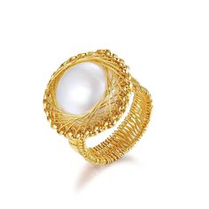 Classic Filigree Series Knight Seawater Medal Mabe Ring - floysun Luxury Gold Pearl Ring With High Luster, Timeless Gold Pearl Ring, Elegant Pearl Ring With Pendant As Gift, Luxury High Luster Gold Pearl Ring, Luxury Pearl Ring For Gift, Elegant Pearl Pendant Ring As Gift, Elegant Pearl Rings As A Gift, Luxury Pearl Ring As A Gift, Timeless Pearl Ring For Gift