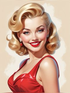 a painting of a woman with blonde hair and blue eyes wearing a red dress smiling