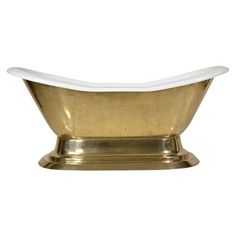 a gold and white bathtub on a stand against a white background, with the tub in the center